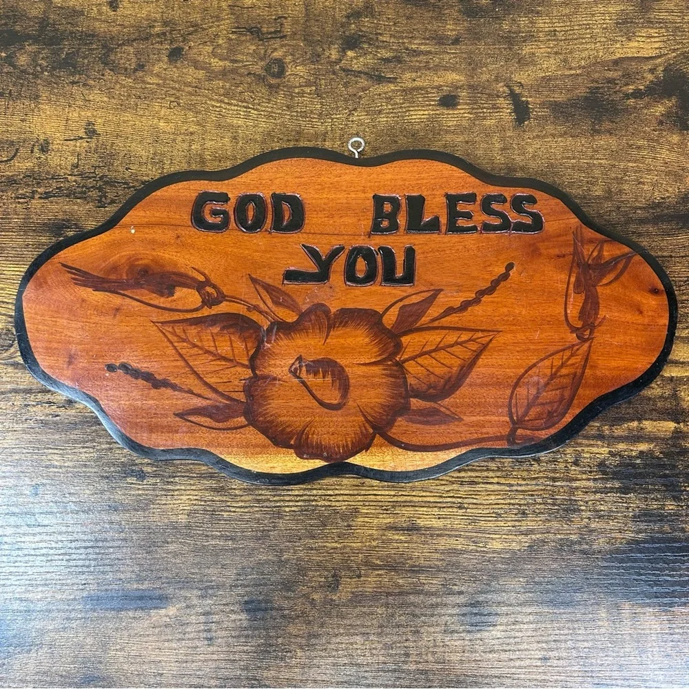 Vintage one of a kind handmade Rustic Wall Plaque - God Bless You folk art sign